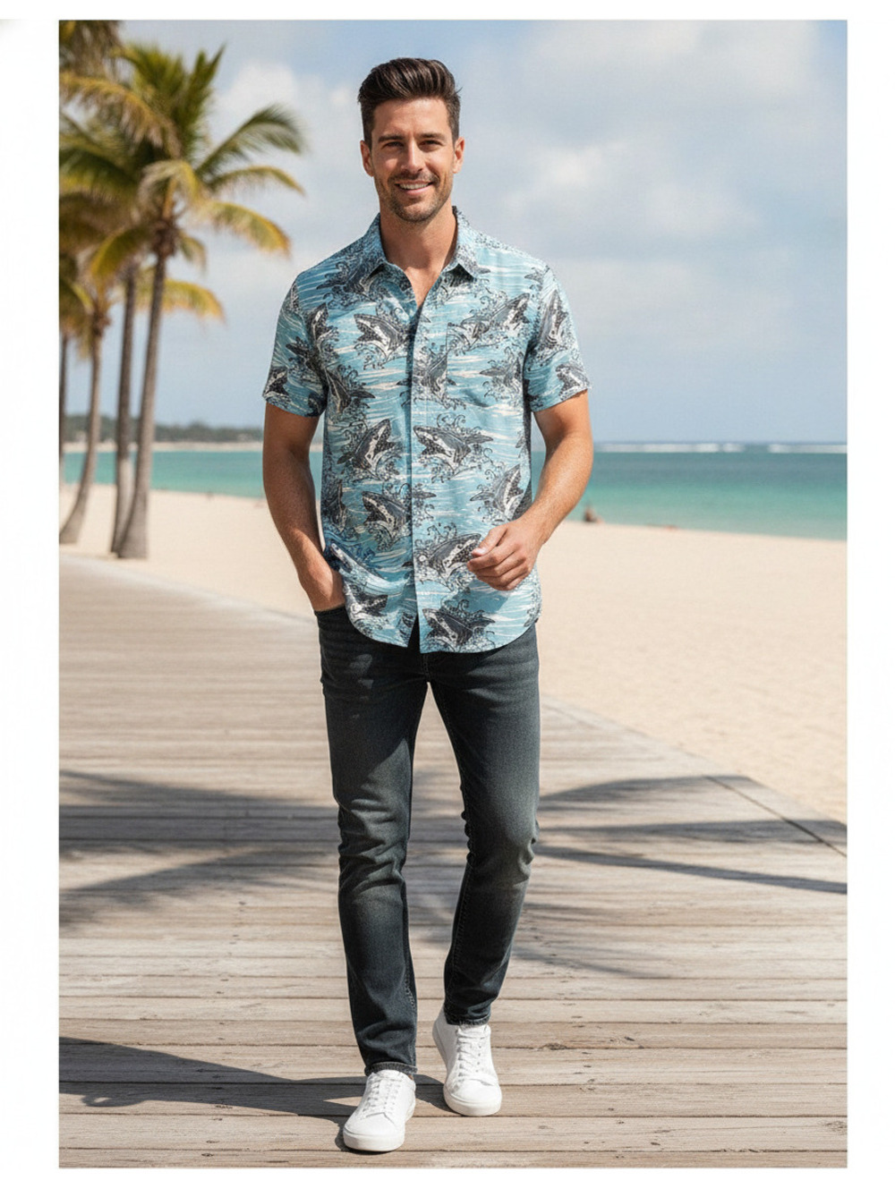 Super Massive M Blue Shark Tropical Hawaiian Short Sleeve Button-Up Shirt Light